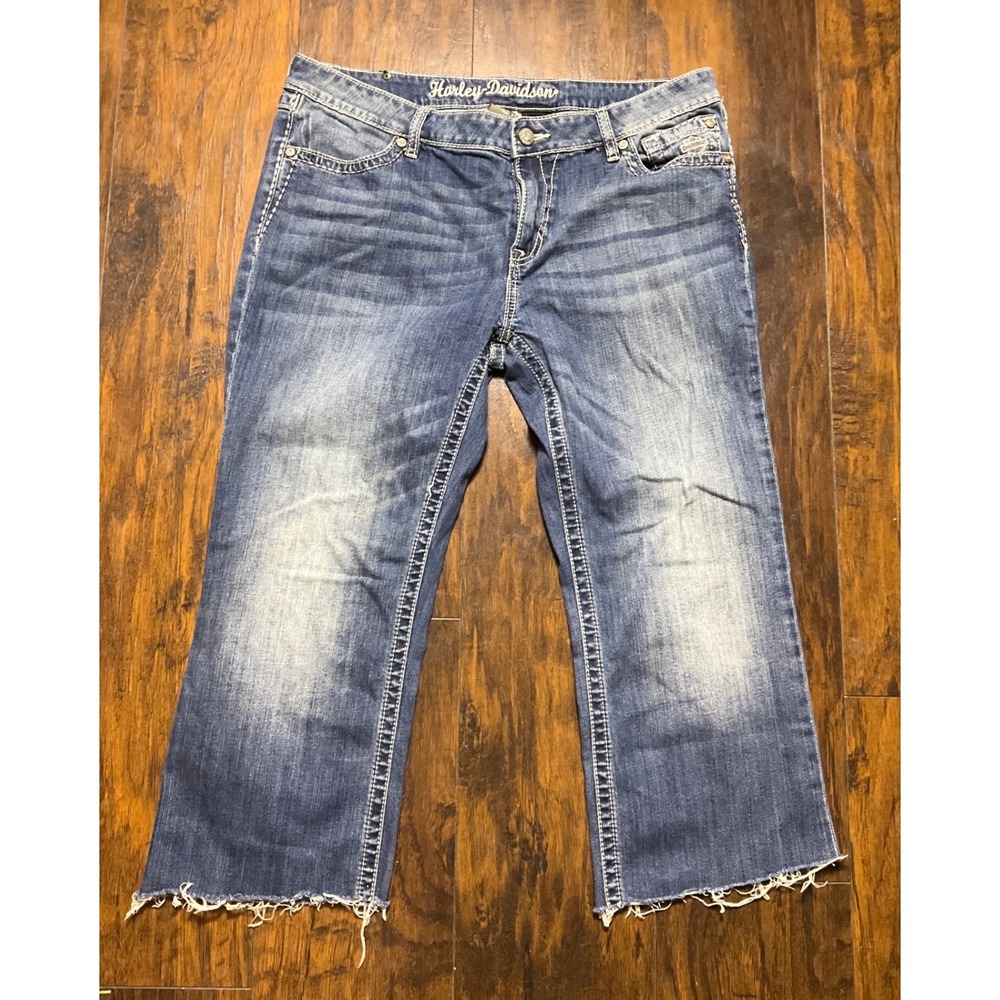 Harley-Davidson Womens 18 Tall Wing Logo Embroidered Raw Hem Denim Jeans Blue